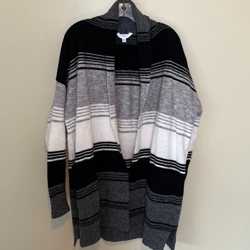 Trim True Women's Black/White/Gray Striped Cardigan Size 12-14 - Picture 2 of 9